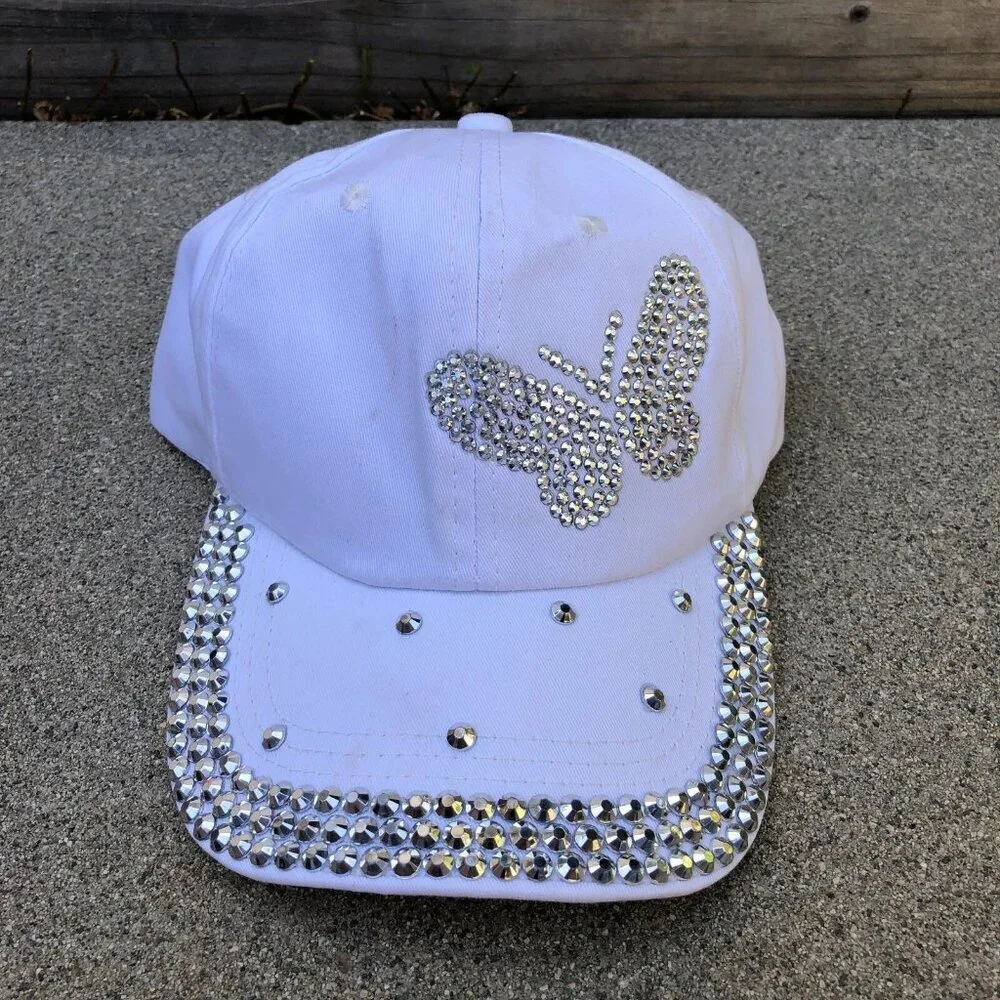 Custom Studded Butterfly Hat Women's 100% Cotton White Adjustable Cap​​